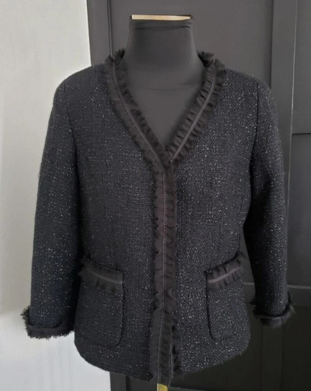EUC Talbots Wool Blend Black Metallic Thread Tweed Blazer Jacket w/Pockets 6